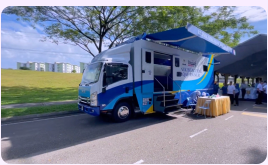 A Waqaf An-Nur mobile clinic truck parked at a community outreach event