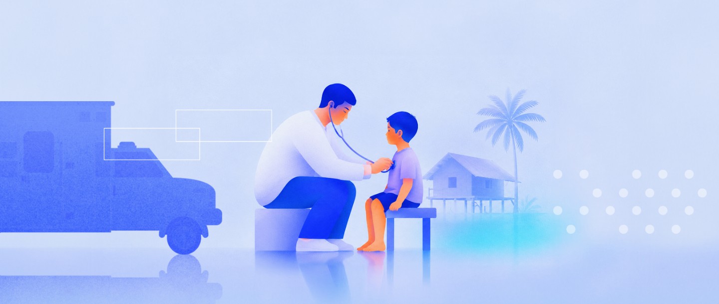 A doctor examining a child beside a mobile clinic in a rural village